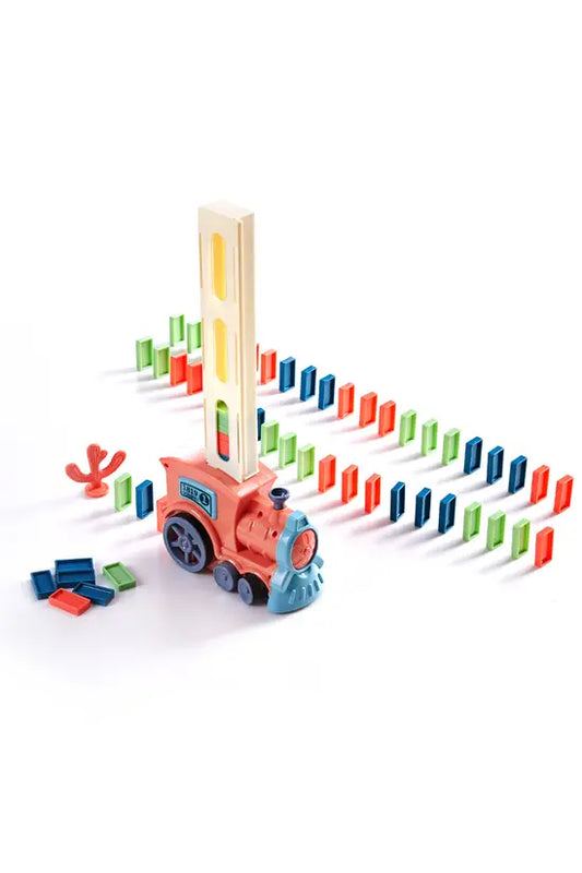 Domino Train Toy Set, Pink Electric Train with 100 Colorful Blocks, Automatic Domino Laying Game