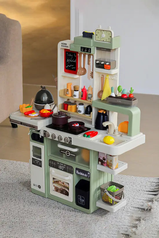 Kids Play Kitchen with Realistic Steam, Lights & Water Tap, 88 Accessories, Green, 82cm Tall