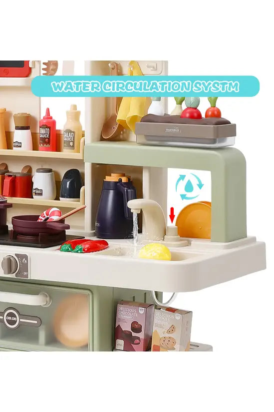Kids Play Kitchen with Realistic Steam, Lights & Water Tap, 88 Accessories, Green, 82cm Tall