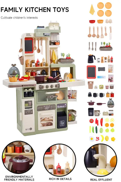 Kids Play Kitchen with Realistic Steam, Lights & Water Tap, 88 Accessories, Green, 82cm Tall