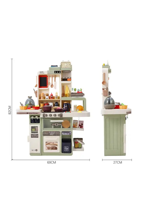 Kids Play Kitchen with Realistic Steam, Lights & Water Tap, 88 Accessories, Green, 82cm Tall