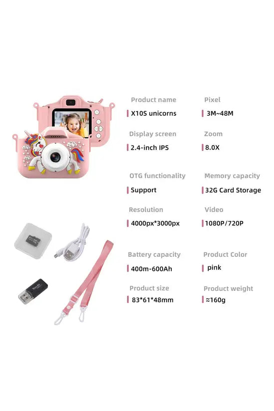 Kids Digital Camera, Unicorn Design 1080P HD Camera with 2.4" IPS Screen, 32GB Storage, Pink