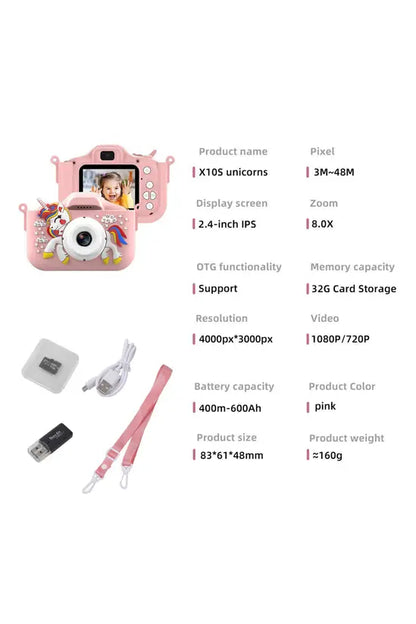 Kids Digital Camera, Unicorn Design 1080P HD Camera with 2.4" IPS Screen, 32GB Storage, Pink